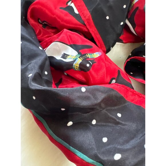 Talbots Holiday Penguin Print Silk Scarf 35x35 Inches Red & Black With Polka Dot - Picture 2 of 6